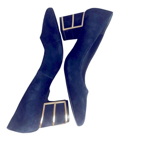 Gorgeous Blue Suede Shoes with Block Heel Caged in Gold from Steven Size by 8M - Picture 3 of 10